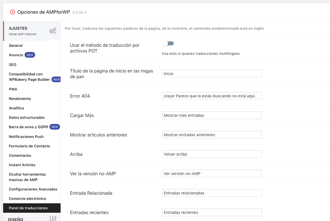 AMPforWP: Opciones de configuración