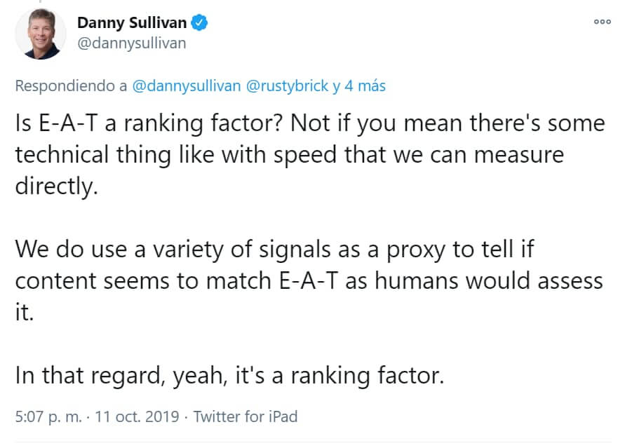 Danny Sullivan explicó que EAT es, indeed, un factor de posicionamiento