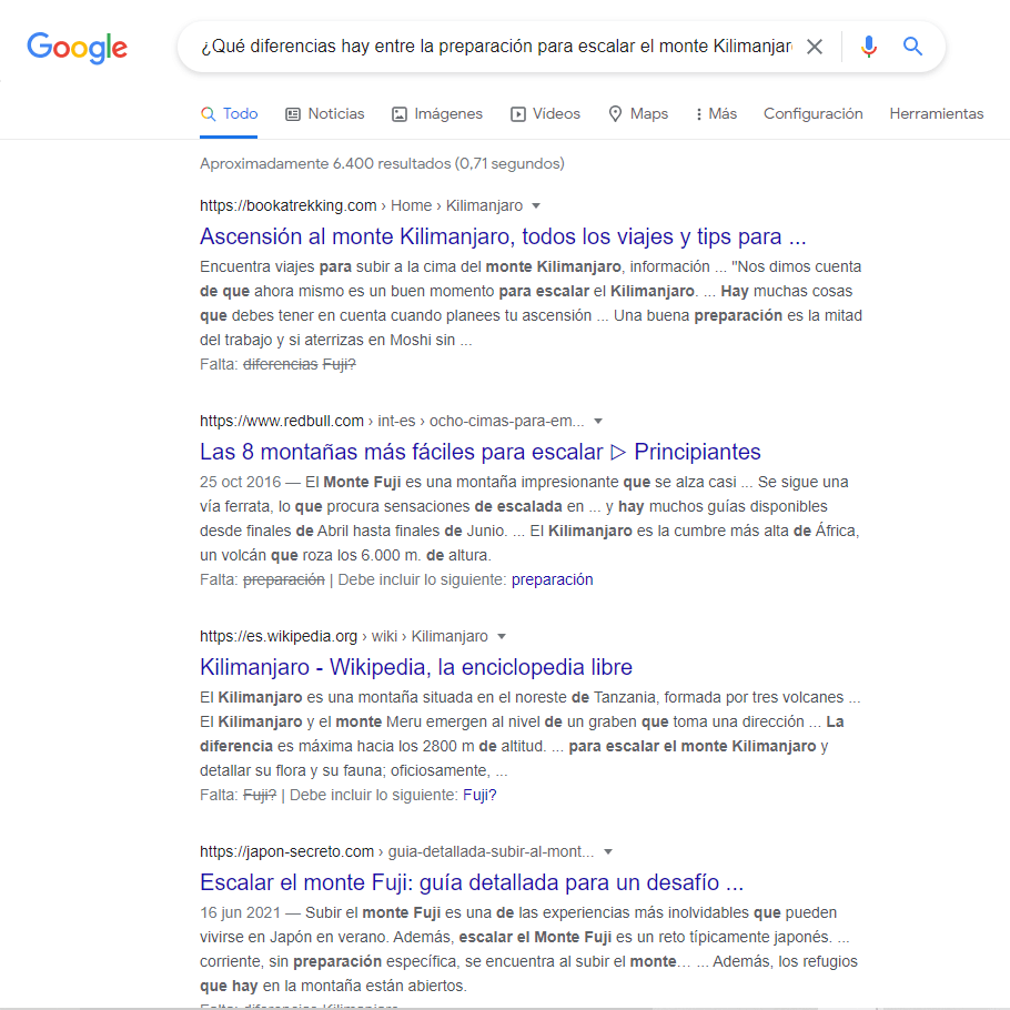 Captura de pantalla de uno de los tipos de respuesta que MUM pretende evitar en el futuro del SEO